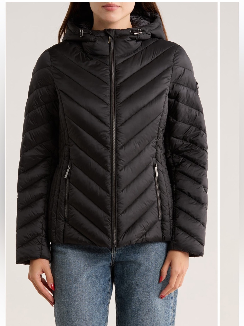 Michael Kors Black Chevron Quilted Hooded Puffer Jacket